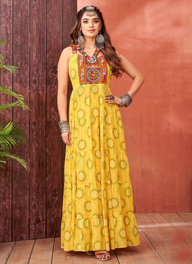 Georgette Yellow Navratri Wear Printed Readymade Gown